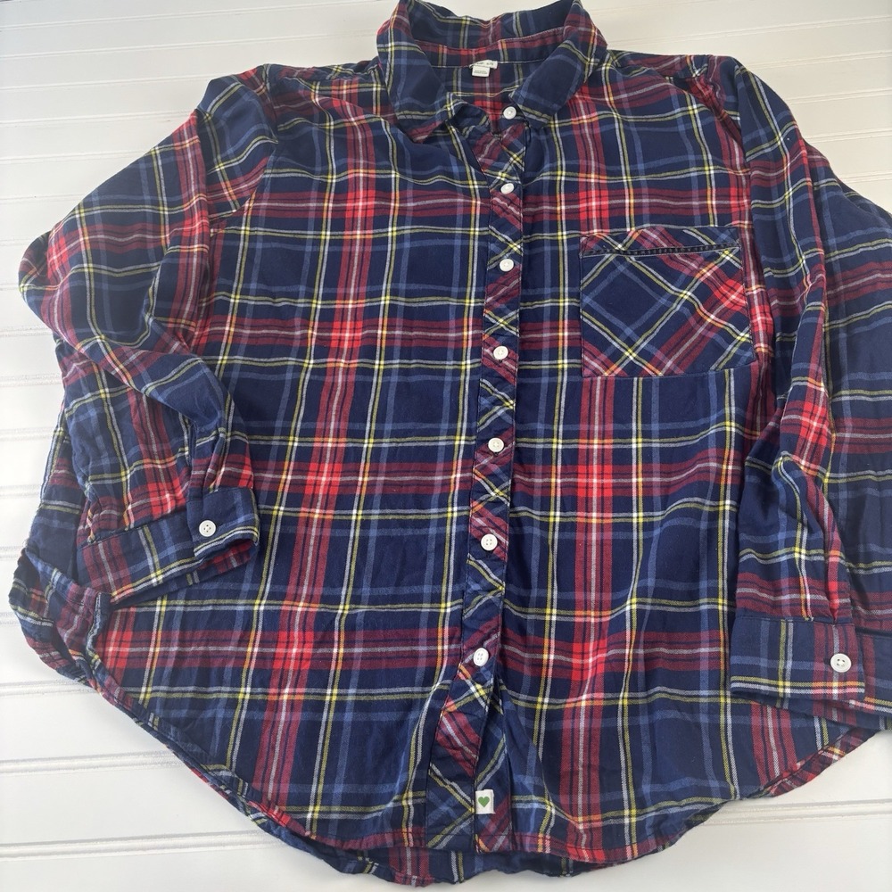 Aerie Women's Flannel Pajama Set Plaid LS Top XL Shorts XL Soft Red Blue Holiday - Picture 9 of 13